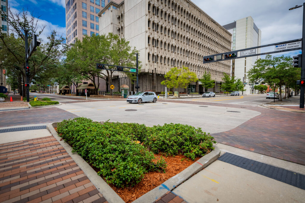 Street corner and walkway at Zack St in Downtown Tampa