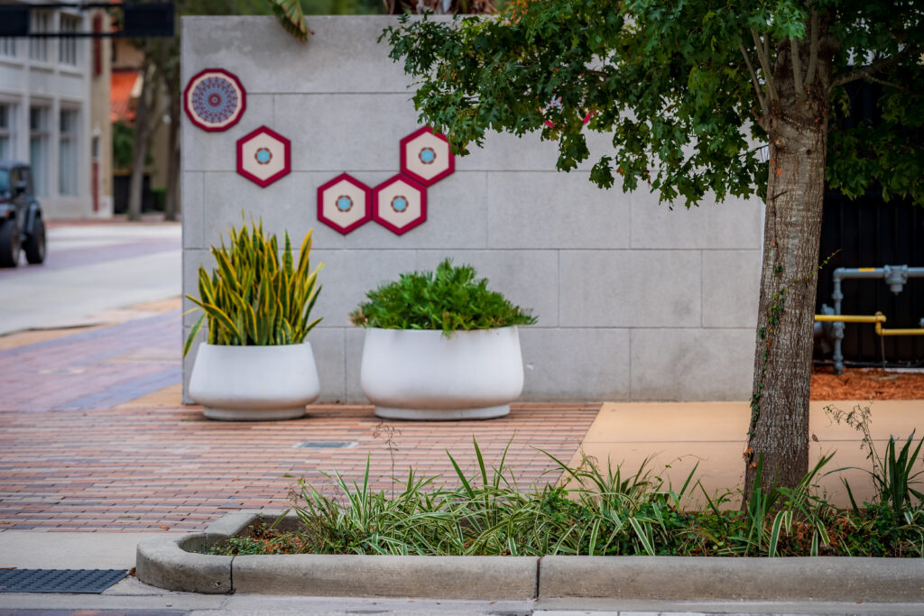 Streetscape and planters at Zack St in Downtown Tampa