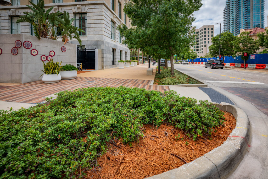 Street corner and planters at Zack St in Downtown Tampa