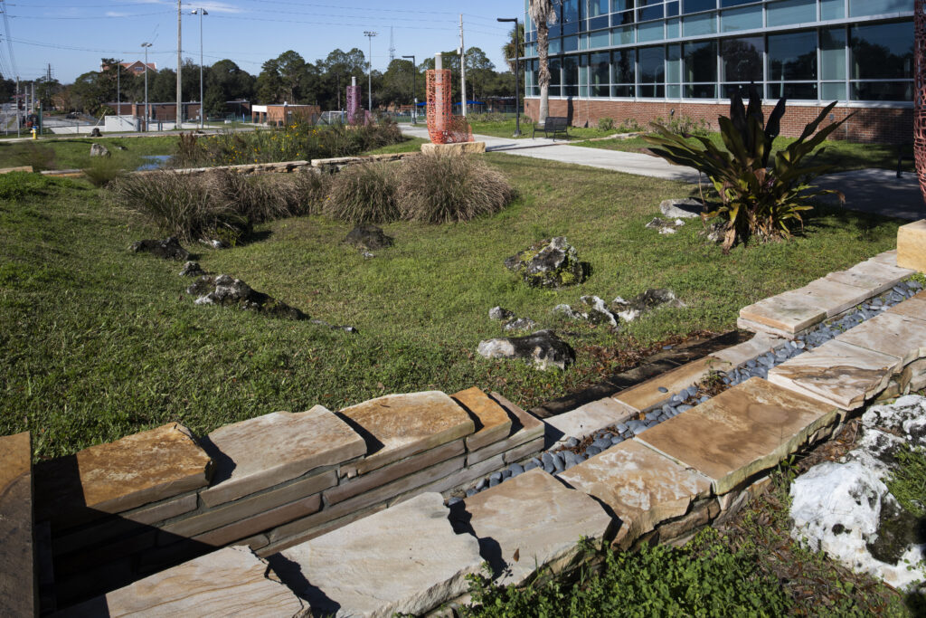 Stormwater drainage and retention area at SW Recreation Center