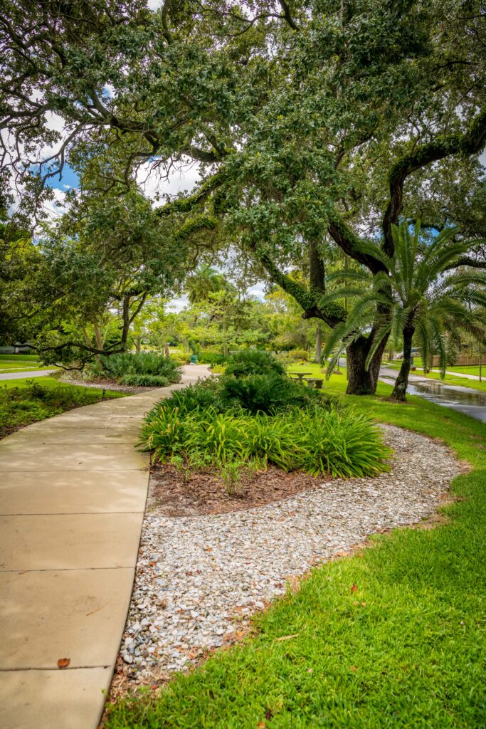 Sidewalk and stormwater garden at Ridgewood Park Butterfly Garden