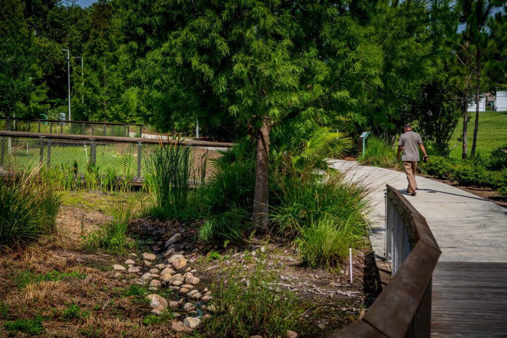 Walkway along drainage rocks and vegetation at Reiter Park